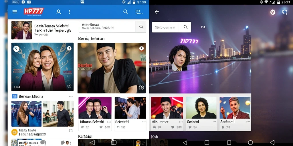 Antarmuka HP777 menampilkan berita hiburan dengan desain modern dan informatif.